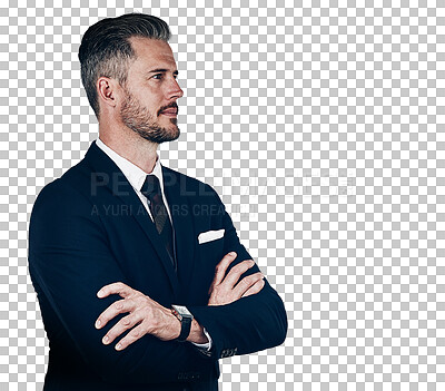 Buy stock photo Businessman, profile and arms crossed in confidence by thinking for financial growth, future or investment. Corporate, manager or boss with idea for vision on isolated or transparent png background