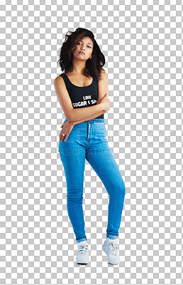 Buy stock photo Fashion, portrait and a young woman with style isolated on a transparent png background. Casual clothes, fully body and attitude of a gen z female model person with jeans, sneakers and confidence