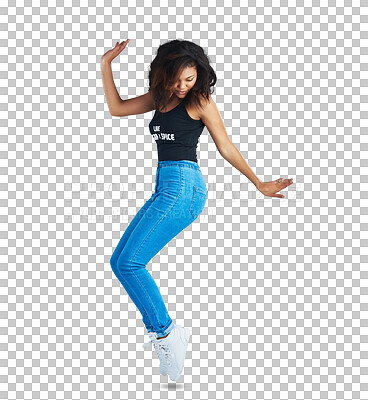 Buy stock photo Fashion, tip toe and a young woman with style isolated on a transparent png background. Casual clothes, balance and attitude of a female model person with denim jeans, tank top and confidence