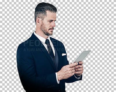 Buy stock photo Businessman, reading and tablet by social media, internet or web for news, article or information. Person, holding and technology with internet connection.on isolated or transparent png background