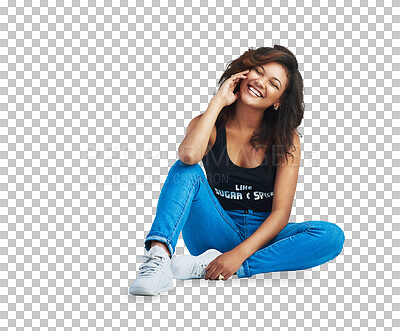 Buy stock photo Fashion, happy and a young woman laughing isolated on a transparent png background. Casual clothes, style and funny female model person with joke, thinking or positive humor and confidence on floor