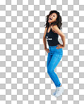 Fashion, excited and a young woman with energy isolated on a transparent png background. Casual clothes, style and attitude of a female model person shouting, happy and confidence in denim jeans