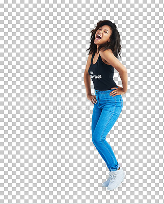 Buy stock photo Fashion, excited and a young woman with energy isolated on a transparent png background. Casual clothes, style and attitude of a female model person shouting, happy and confidence in denim jeans