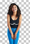 Fashion, laughing and happy woman with confidence isolated on transparent png background. Comedy, humour and gen z model with casual style, funny news or excited for deal announcement with smile.