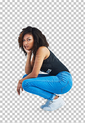 Buy stock photo Gen z fashion, relax and woman isolated on transparent png background squatting with serious face. Pose, portrait and trendy afro model with casual style, streetwear aesthetic and unique identity.