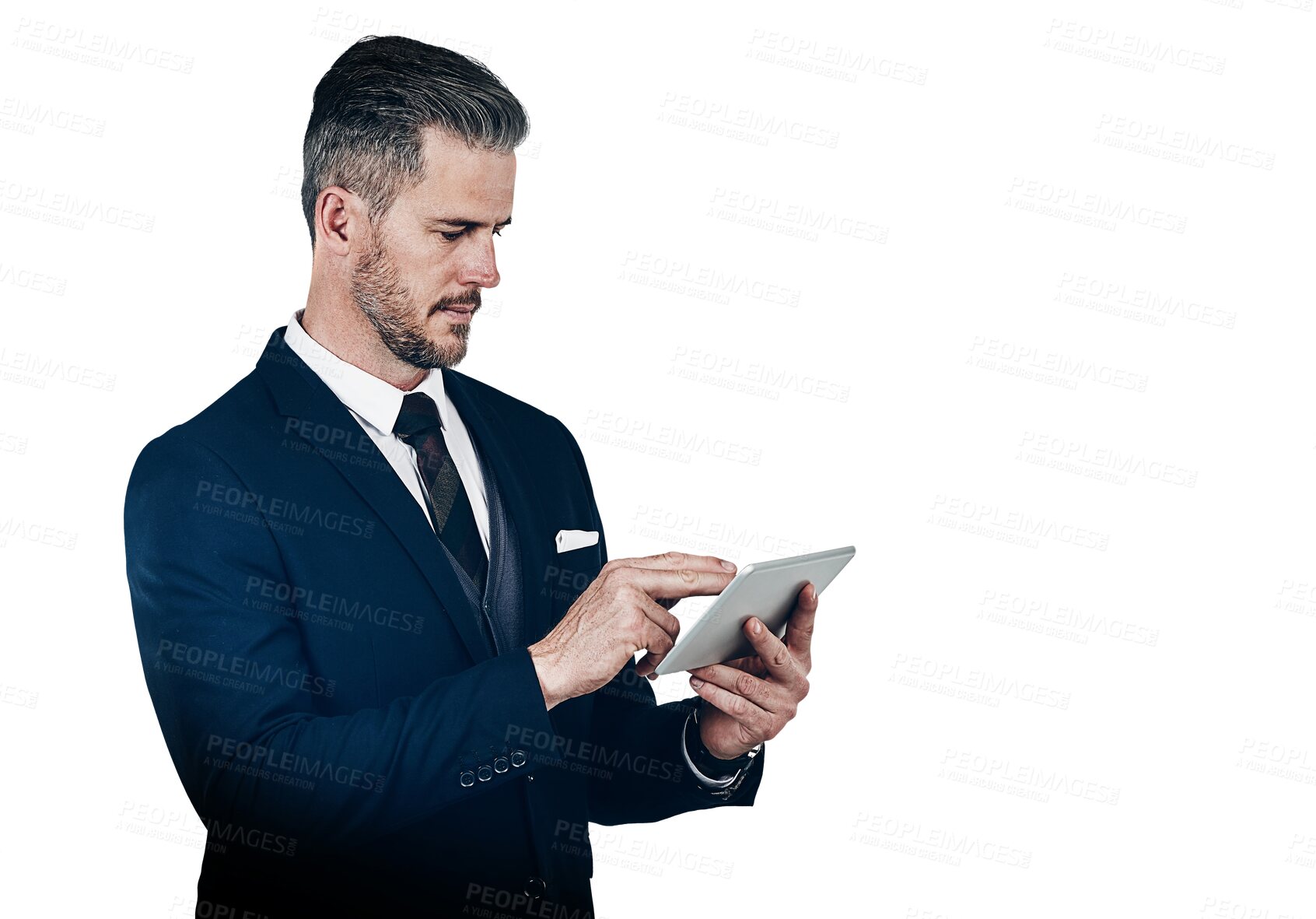 Buy stock photo Corporate, businessman and tablet for reading, research and information on internet for feedback report. Male manager, holding and technology for data review on isolated or transparent png background