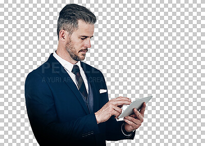 Buy stock photo Corporate, businessman and tablet for research on internet, reading and information for sales report. Person, holding and technology for scrolling on web on isolated or transparent png background