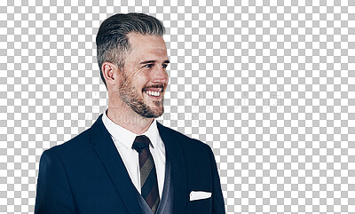 Buy stock photo Smile, vision and memory with a business man in a formal suit isolated on a transparent background. Thinking, idea and a confident mature professional employee on PNG for a corporate career or job