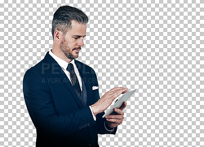 Buy stock photo Businessman, touchscreen and tablet for internet, reading and digital for information on social media. Person, holding and technology with website for news on isolated or transparent png background