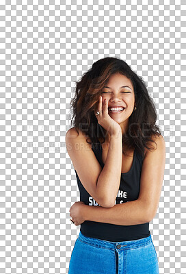 Buy stock photo Fashion, happy and a young woman with laugh isolated on a transparent png background. Casual clothes, style and attitude of a female model person with funny idea, joke or silly humor and confidence