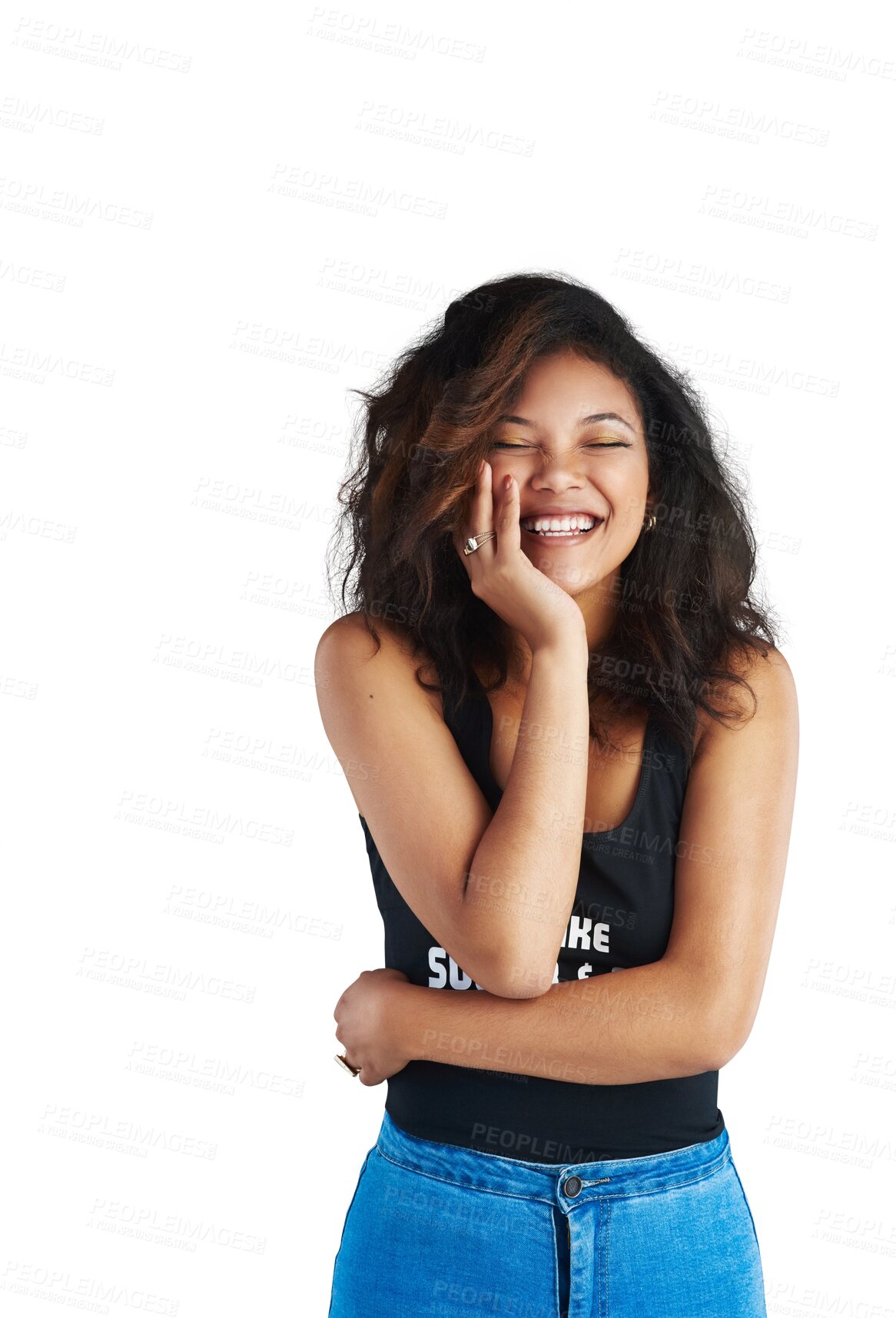 Buy stock photo Fashion, happy and a young woman with laugh isolated on a transparent png background. Casual clothes, style and attitude of a female model person with funny idea, joke or silly humor and confidence