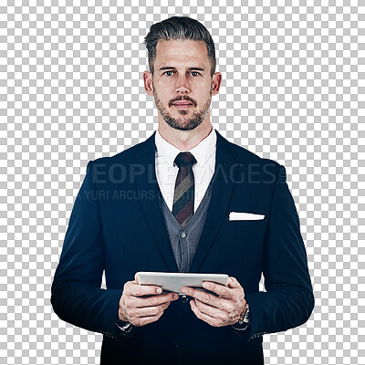 Buy stock photo Portrait, businessman and tablet for social media, research or reading for information, feedback or report. Male manager, technology and corporate innovation on isolated or transparent png background