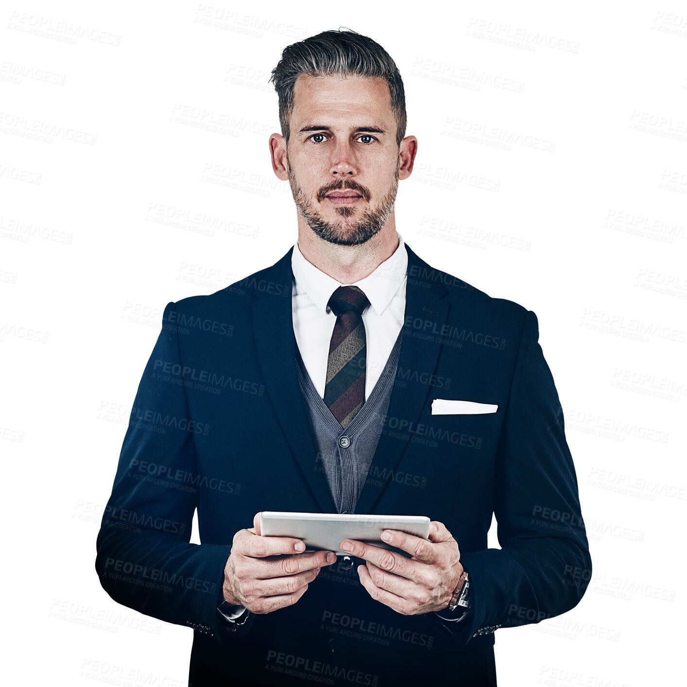 Buy stock photo Portrait, businessman and tablet for social media, research or reading for information, feedback or report. Male manager, technology and corporate innovation on isolated or transparent png background