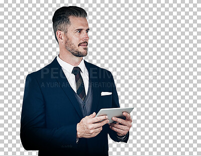 Buy stock photo Business man, tablet and thinking of idea with professional isolated on a transparent png background. Confident male person with tech for connection, internet app and communication for corporate job