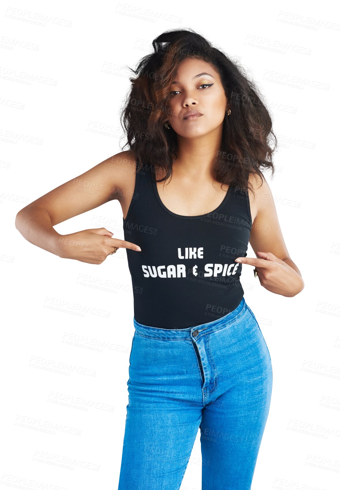 Buy stock photo Fashion, serious and portrait of young woman with casual, cool and trendy tshirt for outfit. Pointing, confident and female person from Mexico with edgy style isolated by transparent png background.