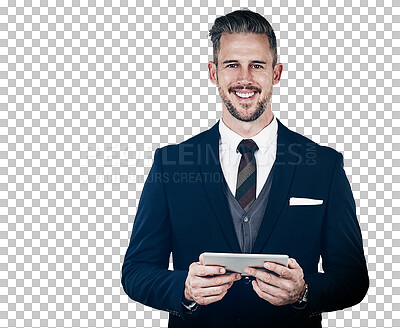 Buy stock photo Portrait, tablet and smile with a business man in a formal suit isolated on a transparent background. Tech, research and data with a confident professional employee on PNG for a corporate career