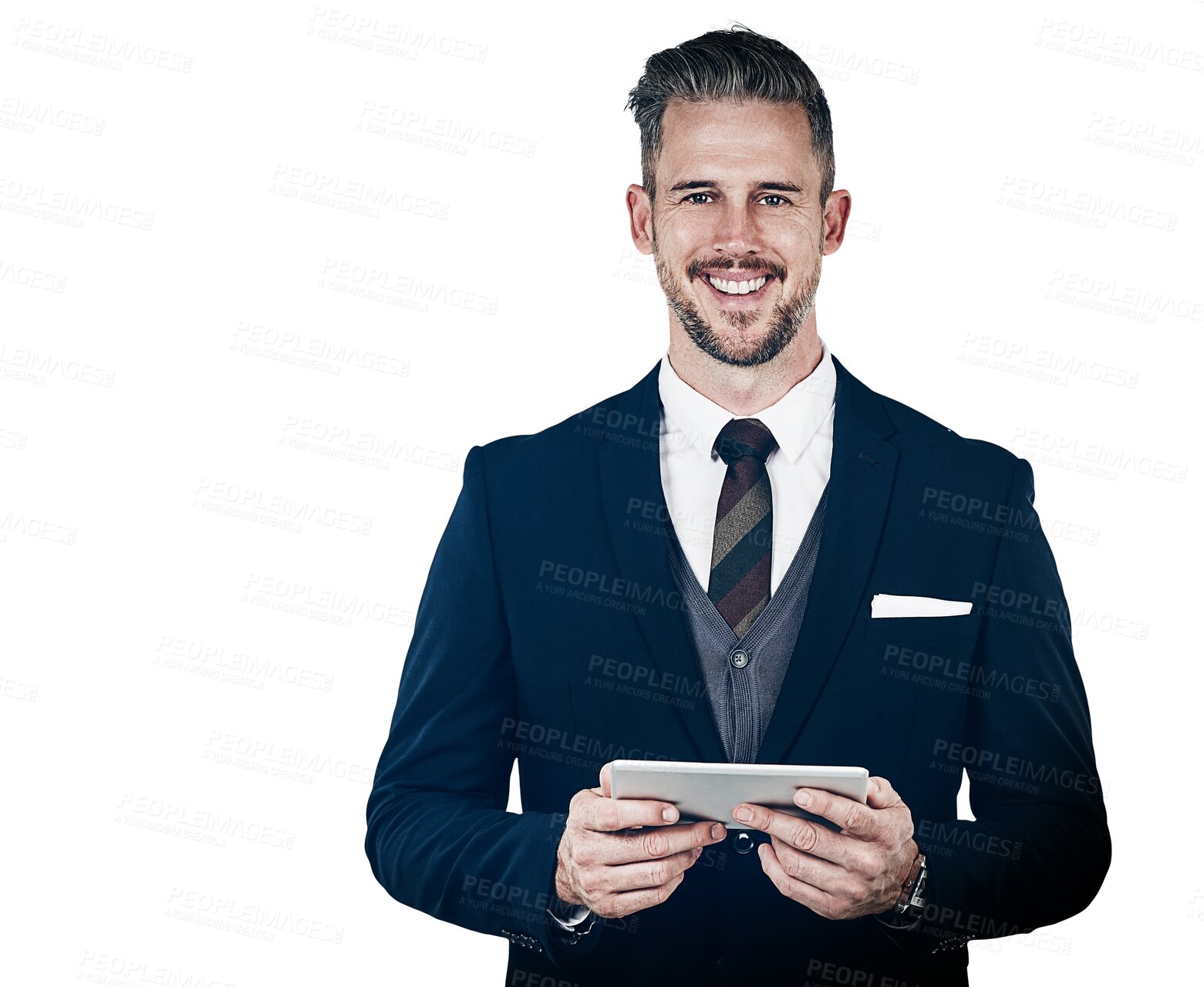 Buy stock photo Portrait, tablet and smile with a business man in a formal suit isolated on a transparent background. Tech, research and data with a confident professional employee on PNG for a corporate career