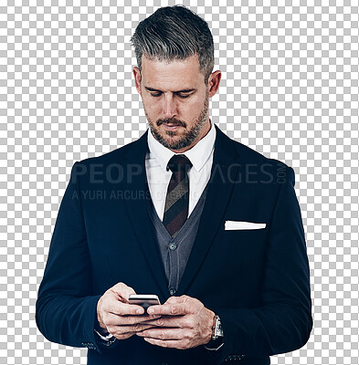 Buy stock photo Business man, phone and typing online with professional isolated on a transparent png background. Confident and serious male person with tech for connection, internet app and communication for job