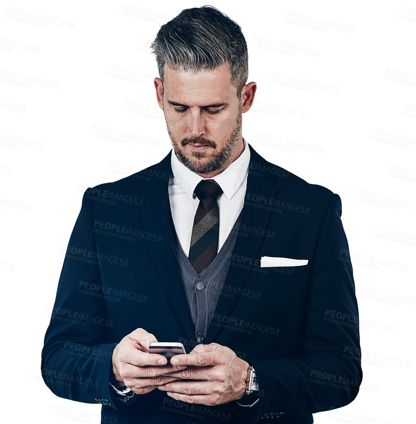 Buy stock photo Business man, phone and typing online with professional isolated on a transparent png background. Confident and serious male person with tech for connection, internet app and communication for job