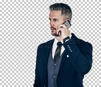 Buy stock photo Phone call, business and man with communication, employee and agent isolated on a transparent background. Person, model and worker with a smartphone, png and connection with network and digital app