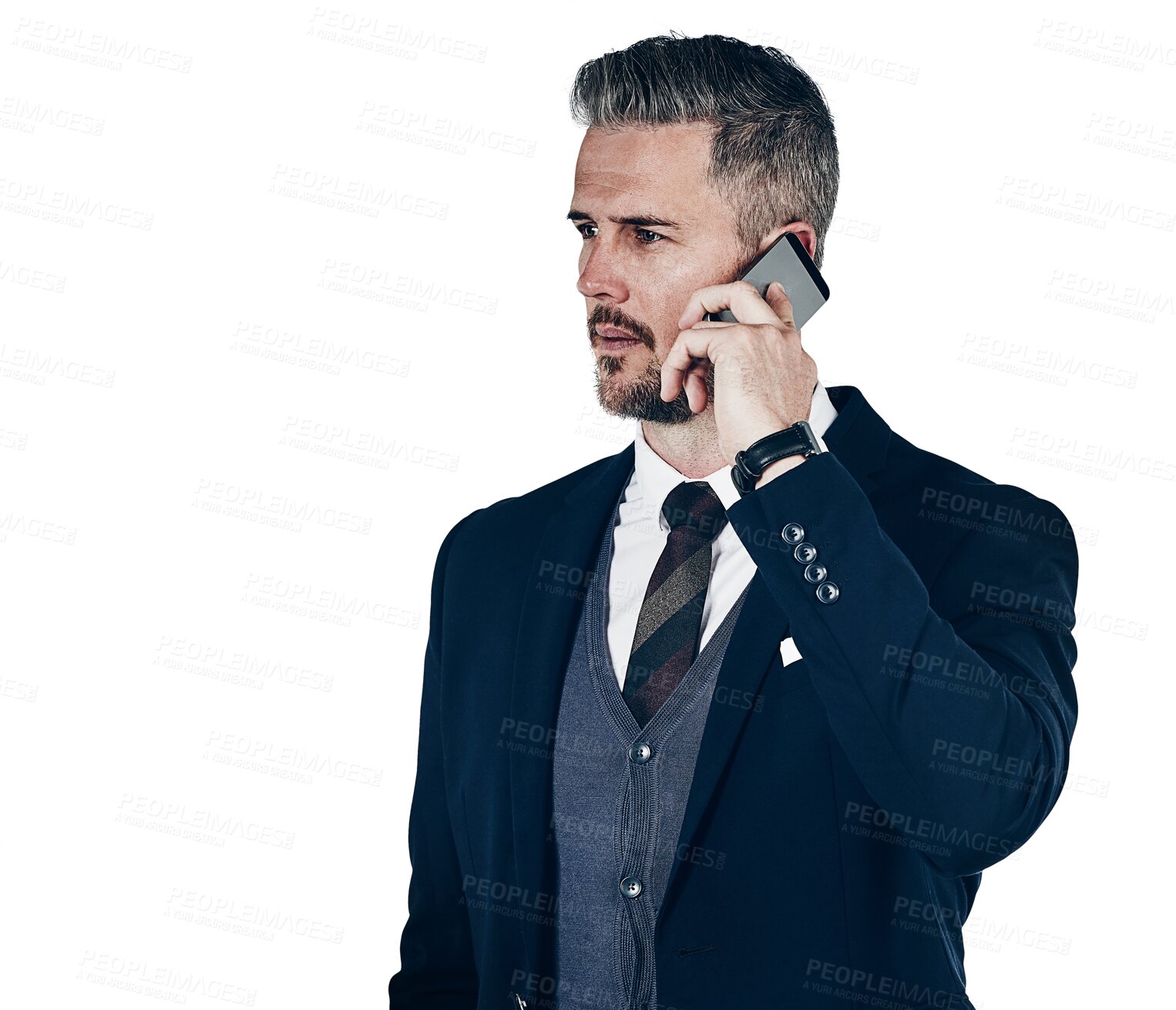 Buy stock photo Phone call, business and man with communication, employee and agent isolated on a transparent background. Person, model and worker with a smartphone, png and connection with network and digital app