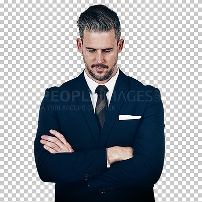 Buy stock photo Man, arms crossed and sad for business problems, decision and face down while isolated on transparent png background. Thinking of idea, stress and serious in suit, financial issues for company audit