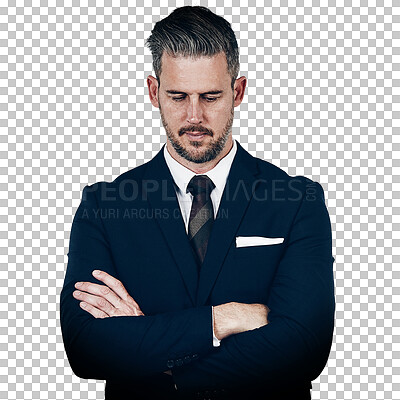 Buy stock photo Man, arms crossed and sad for business problems, decision and face down while isolated on transparent png background. Thinking of idea, stress and serious in suit, financial issues for company audit