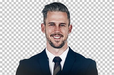 Buy stock photo Portrait, smile and a confident business man in a formal suit isolated on a transparent background. Face, mission or mindset with a happy mature professional employee on PNG for a corporate career