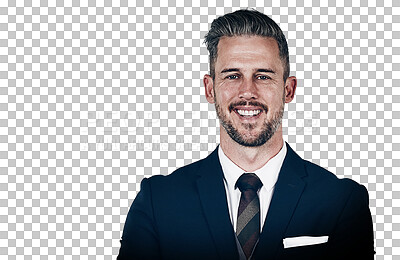 Buy stock photo Portrait, smile and corporate with a business man in a formal suit isolated on a transparent background. Mindset, mission and a happy mature professional employee on PNG for executive career or job