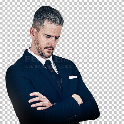 Buy stock photo Man, arms crossed and sad for business problems, decision and face down while isolated on transparent png background. Thinking of idea, stress and serious in suit, financial issues for company audit