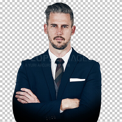 Buy stock photo Businessman, portrait and confidence arms crossed manager, professional suit or isolated on transparent png background. Male person, face and formal as employee pride, vision in corporate mission