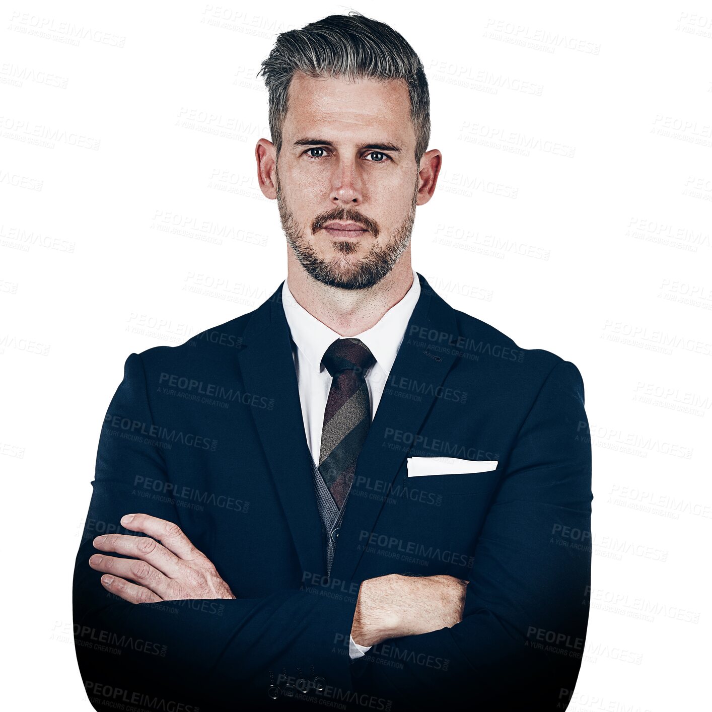 Buy stock photo Businessman, portrait and confidence arms crossed manager, professional suit or isolated on transparent png background. Male person, face and formal as employee pride, vision in corporate mission