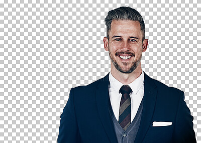 Buy stock photo Portrait, smile and a confident business man in a formal suit isolated on a transparent background. Face, corporate and a happy mature professional employee on PNG with a career mindset or mission