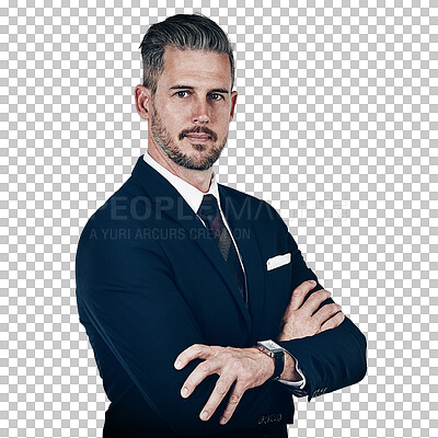 Buy stock photo Man, portrait and arms crossed confident for company vision, serious employee as manager consultant. Male person, face and isolated transparent png background for professional, mission in formal suit