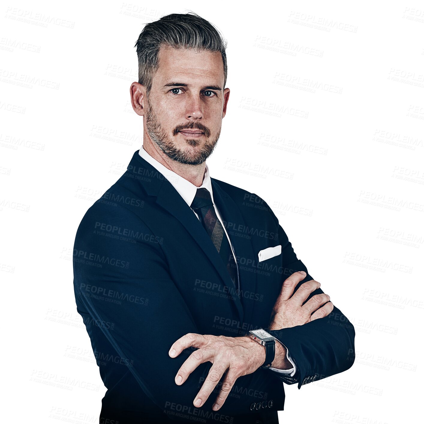 Buy stock photo Man, portrait and arms crossed confident for company vision, serious employee as manager consultant. Male person, face and isolated transparent png background for professional, mission in formal suit