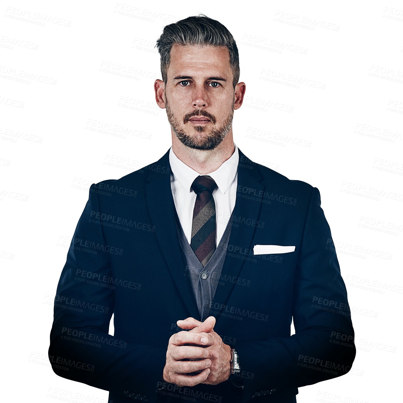 Buy stock photo Man, portrait and confident for company pride vision, serious employee as manager consultant. Male person, face and isolated transparent png background for professional, career mission in formal suit