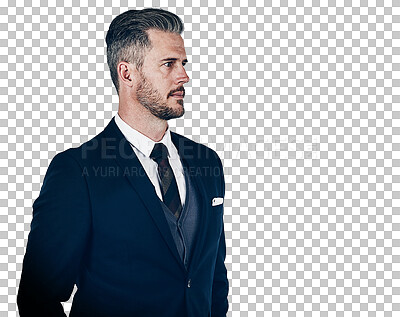 Buy stock photo Thinking, vision and business man planning strategy, problem solving for solution and insight isolated on a transparent png background. Serious, professional lawyer and decision, dream or inspiration