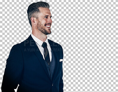 Buy stock photo Smile, corporate and vision with a business man in a formal suit isolated on a transparent background. Thinking, idea and a happy mature professional employee on PNG with a future career mindset