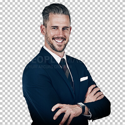 Buy stock photo Portrait, corporate and arms crossed with a business man in a formal suit isolated on a transparent background. Happy, power and a confident mature professional employee on PNG for a corporate career