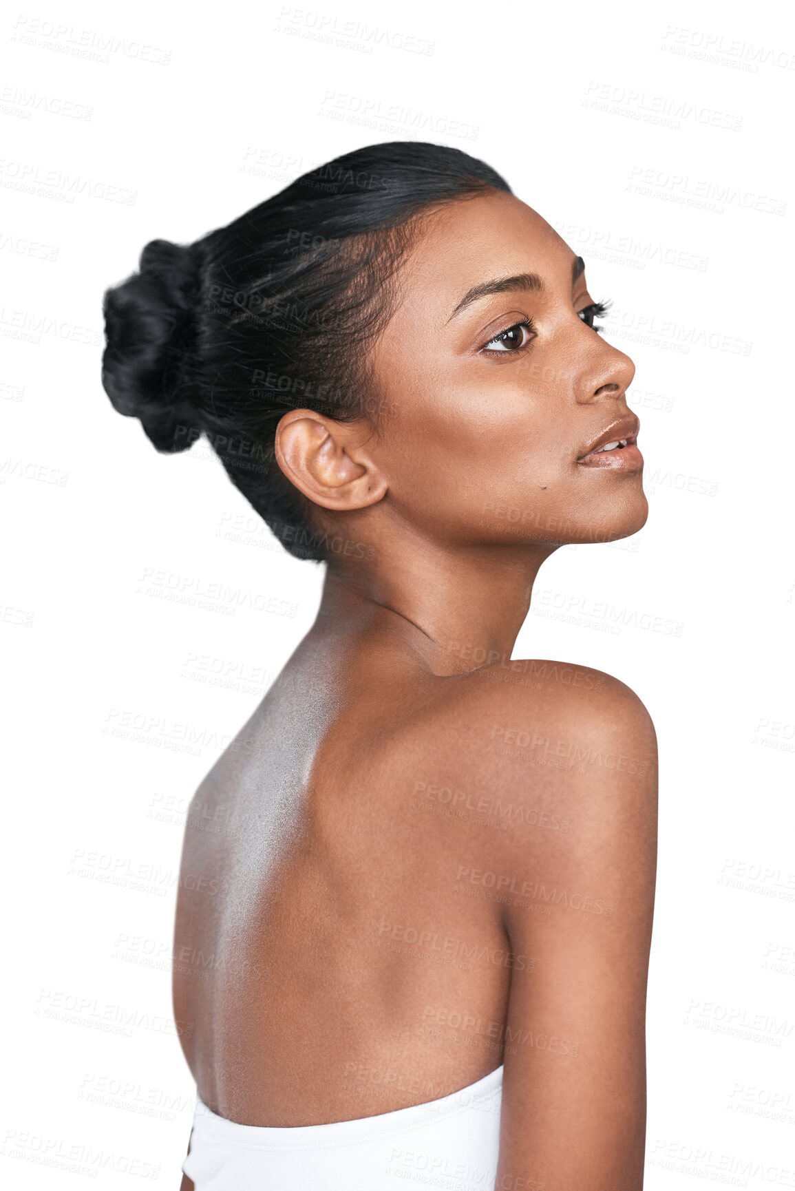 Buy stock photo Isolated woman, skincare and thinking in profile for beauty, glow and wellness by transparent png background. Girl, model or person for cosmetic benefits, change or natural transformation with health