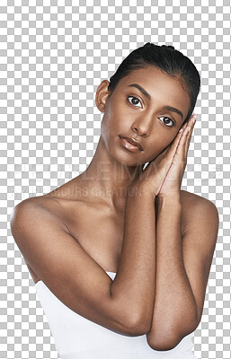 Buy stock photo Woman, portrait and relax in beauty, skincare or facial cosmetics isolated on a transparent PNG background. Face of Indian female person or model posing in satisfaction for soft skin or spa treatment