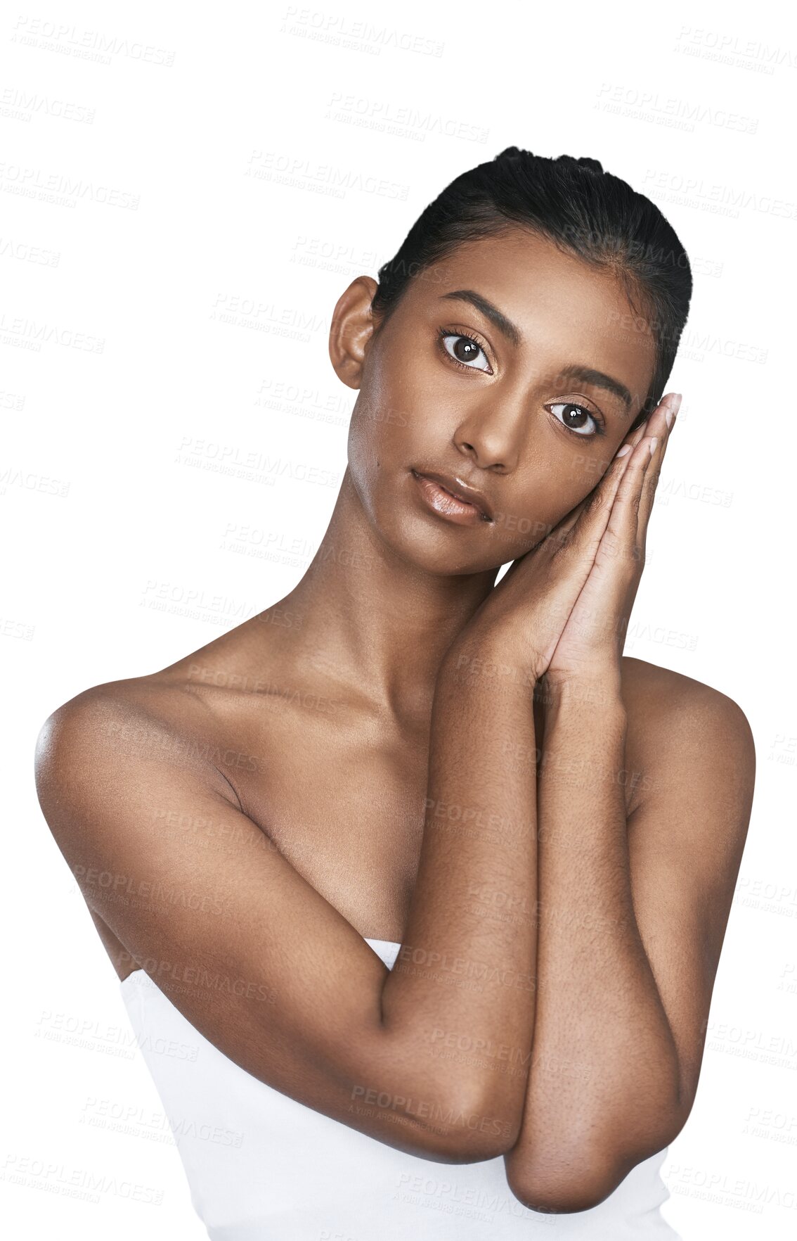 Buy stock photo Woman, portrait and relax in beauty, skincare or facial cosmetics isolated on a transparent PNG background. Face of Indian female person or model posing in satisfaction for soft skin or spa treatment
