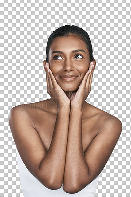 Buy stock photo Happy woman, natural beauty and skincare in facial cosmetics isolated on a transparent PNG background. Face of Indian female person or model posing with smile in skin satisfaction or spa treatment
