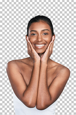 Buy stock photo Happy woman, portrait and beauty in skincare, facial or cosmetics isolated on a transparent PNG background. Face of Indian female person or model smile in  satisfaction for soft skin or spa treatment