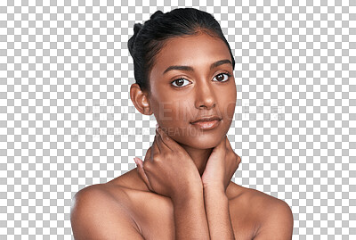 Buy stock photo Woman, portrait and natural beauty, skincare or facial cosmetics isolated on a transparent PNG background. Face of Indian female person or model posing in satisfaction for soft skin or spa treatment