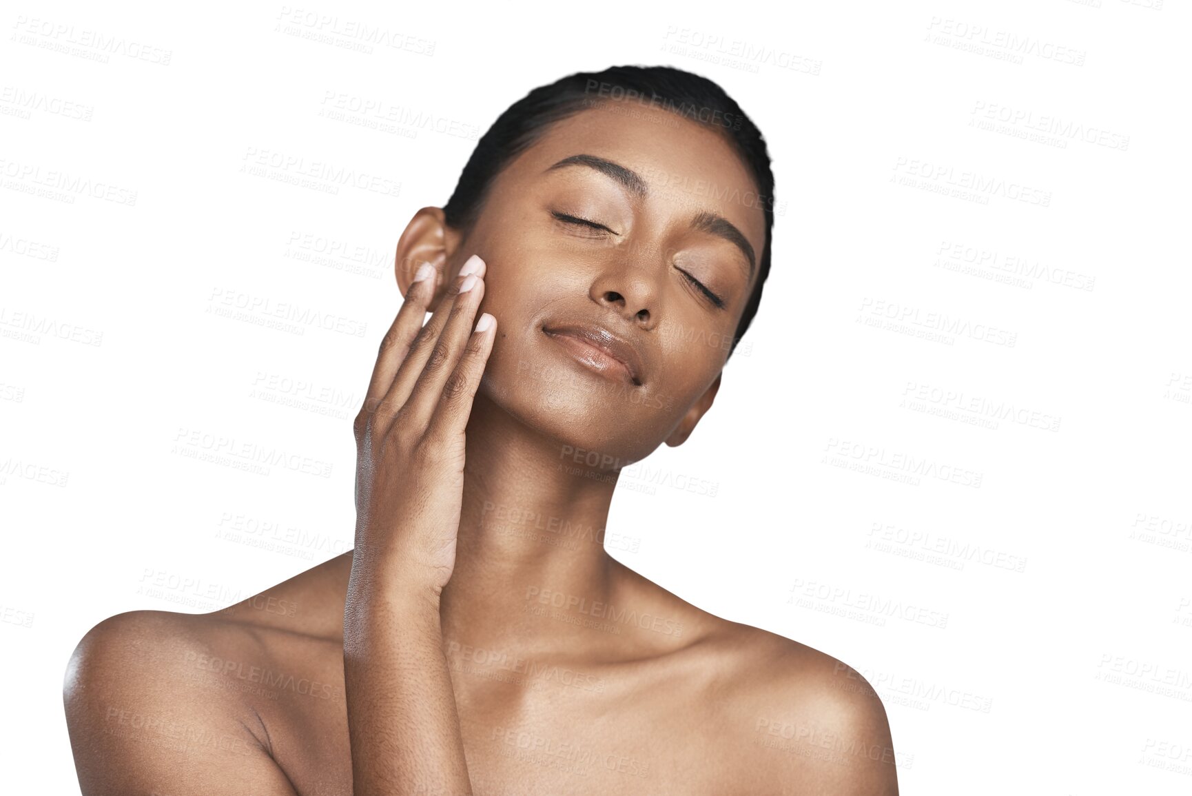 Buy stock photo Happy woman, relax and beauty in skincare, facial or cosmetics isolated on a transparent PNG background. Face of calm Indian female person or model smile in satisfaction, soft skin or spa treatment