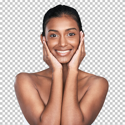 Buy stock photo Isolated woman, skincare and portrait in hands on skin for beauty, glow and wellness by transparent png background. Girl, model or person for cosmetics, change and natural transformation for health