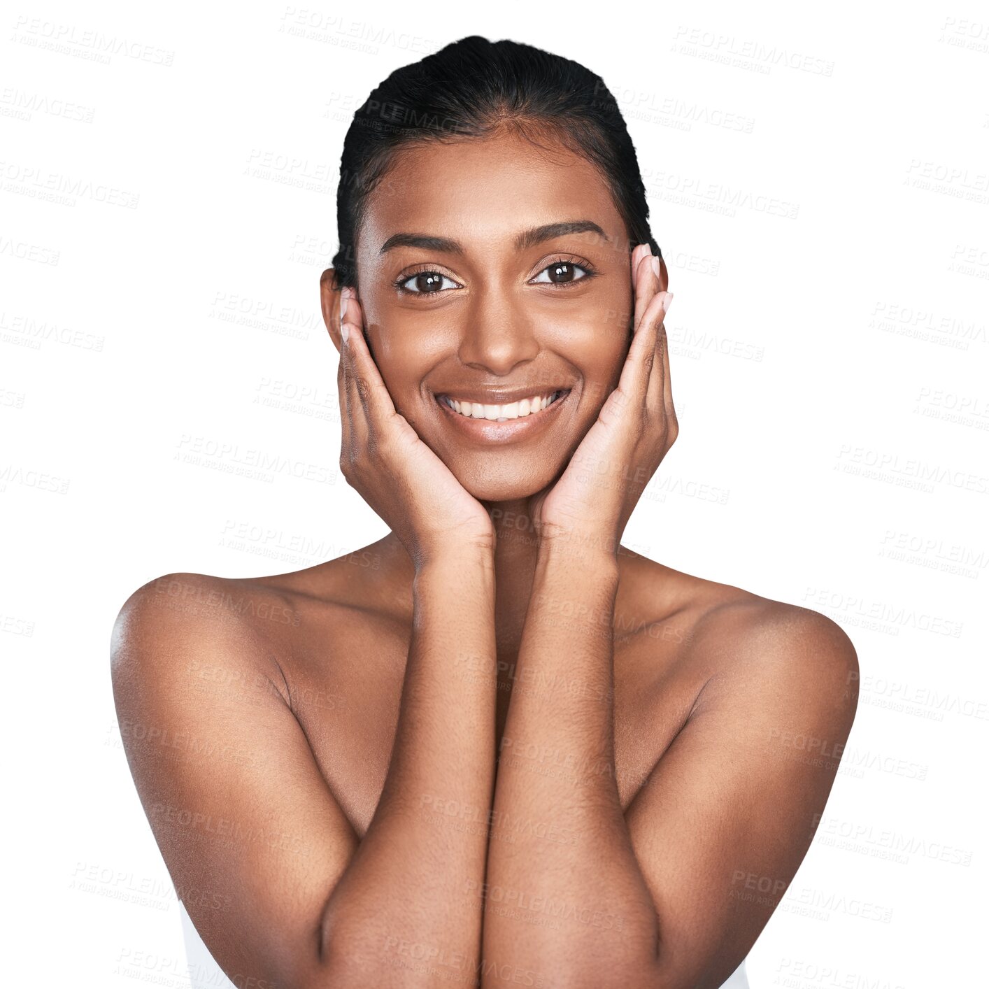Buy stock photo Isolated woman, skincare and portrait in hands on skin for beauty, glow and wellness by transparent png background. Girl, model or person for cosmetics, change and natural transformation for health