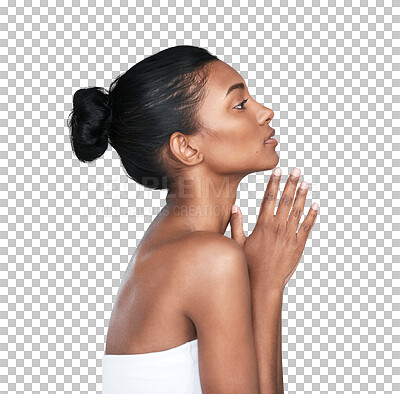 Buy stock photo Isolated woman, skincare and beauty in profile for wellness, glow or aesthetic by transparent png background. Girl, model or person for cosmetic benefits, change or natural transformation with health