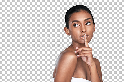Buy stock photo Woman, face and secret in beauty, skincare or facial cosmetics isolated on a transparent PNG background. Indian female person or model with finger on mouth for gossip, confidential or private spa